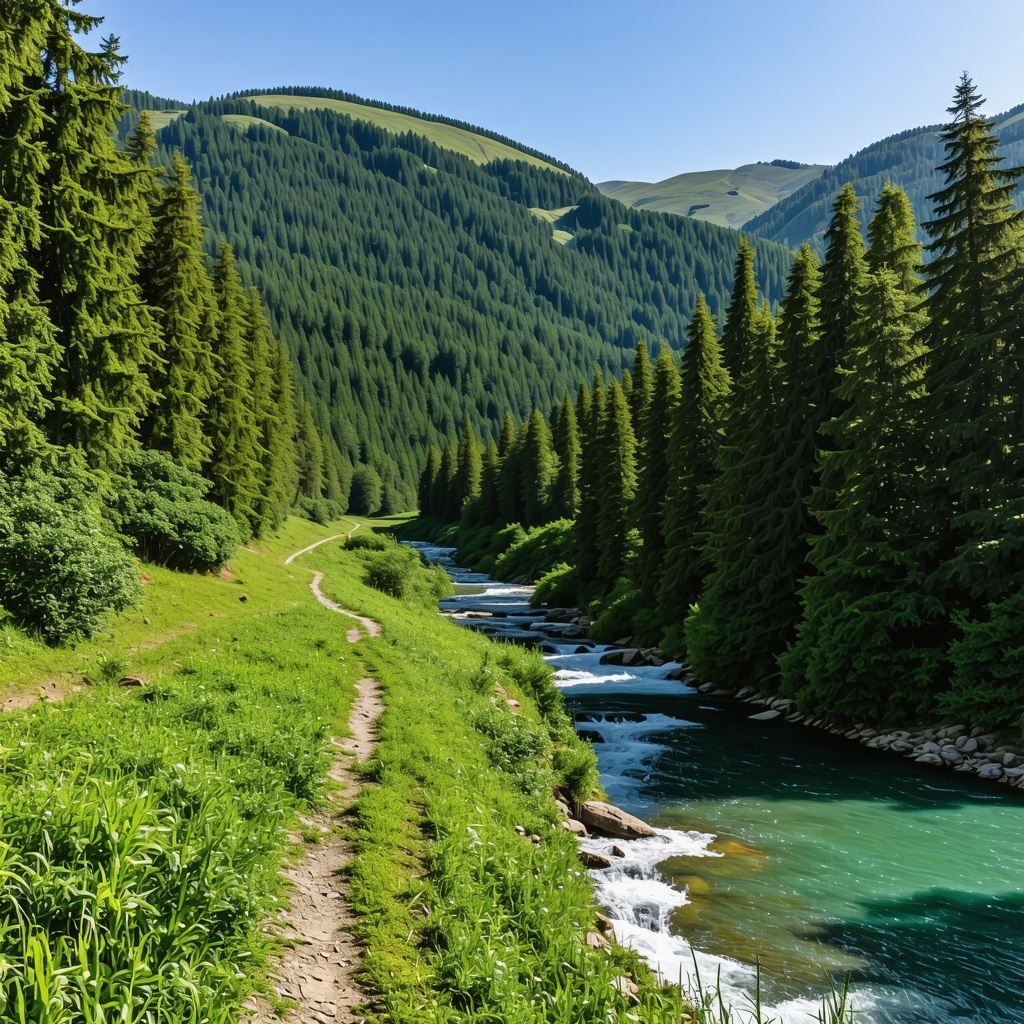 Lush forest, mountain trail, and clear river in Berane region symbolizing sustainable tourism and nature conservation