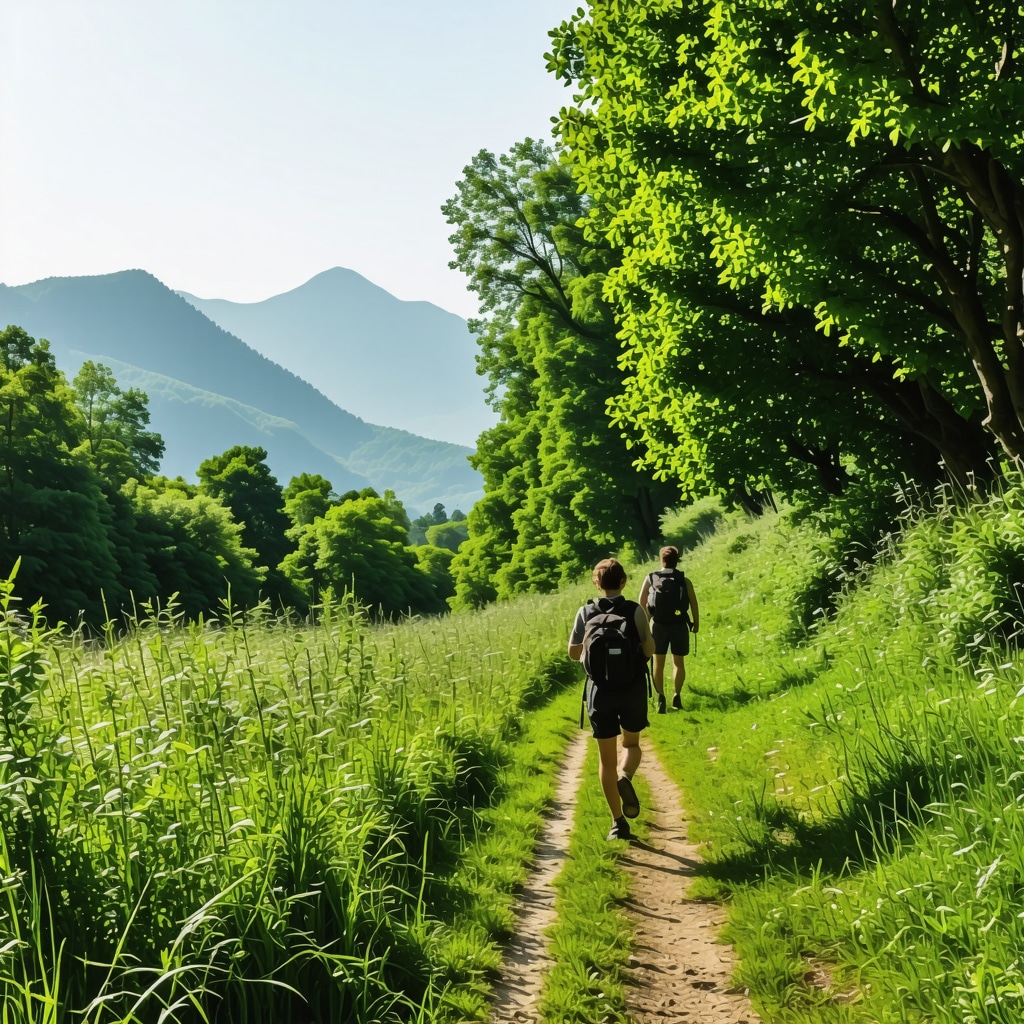 Hikers walking along a forest trail in Gabrovo with mountains in the background, symbolizing sustainable tourism and local culture