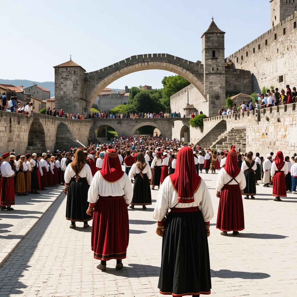 Old Bridge in Mostar with locals celebrating cultural festival