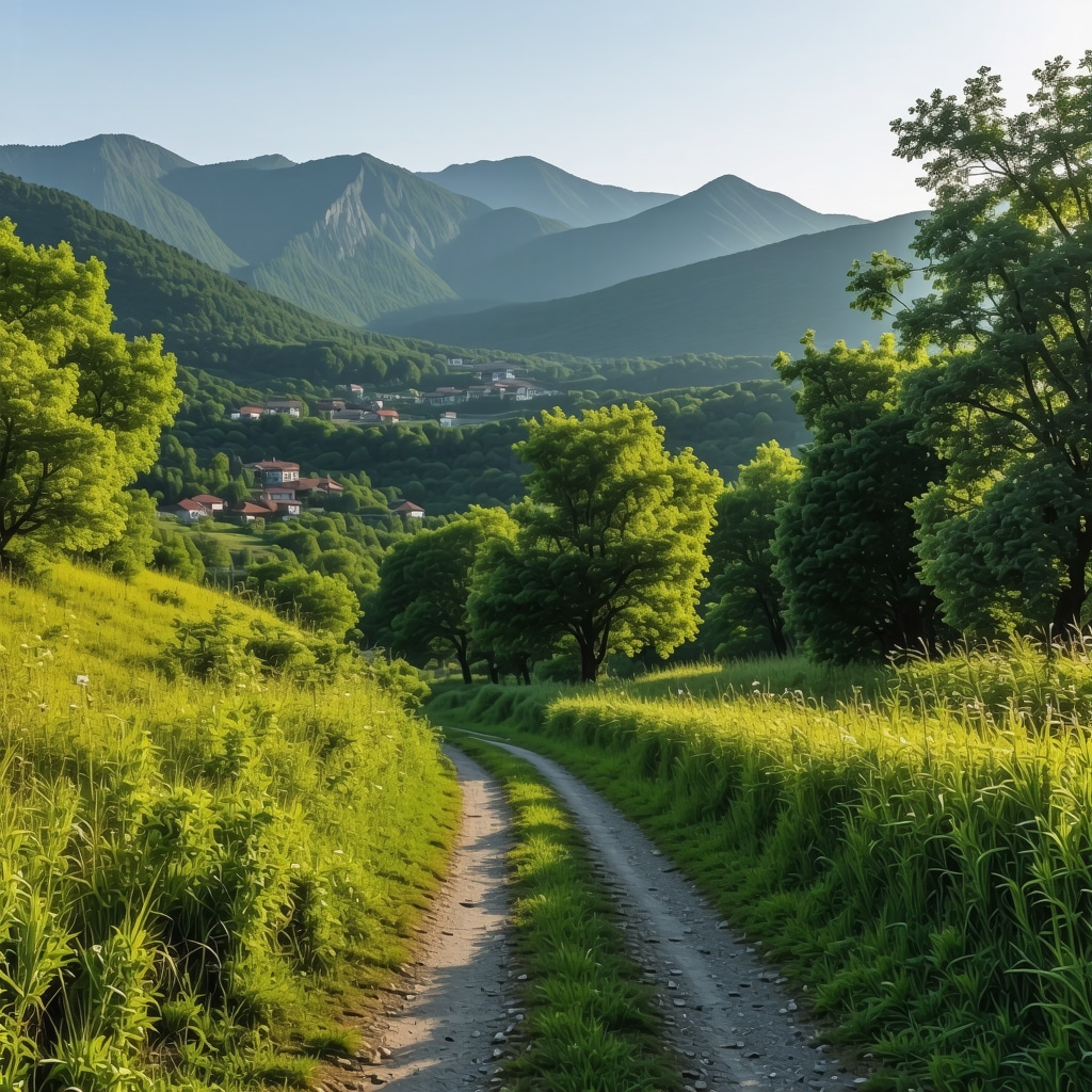 Hiking trail with panoramic mountain views and traditional village in Lovćen National Park