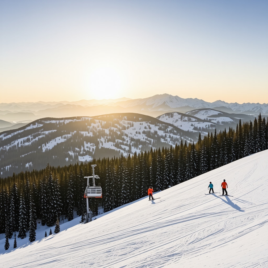 Borovets ski resort with solar panels, modern ski lifts, and skiers on snowy slopes at sunset