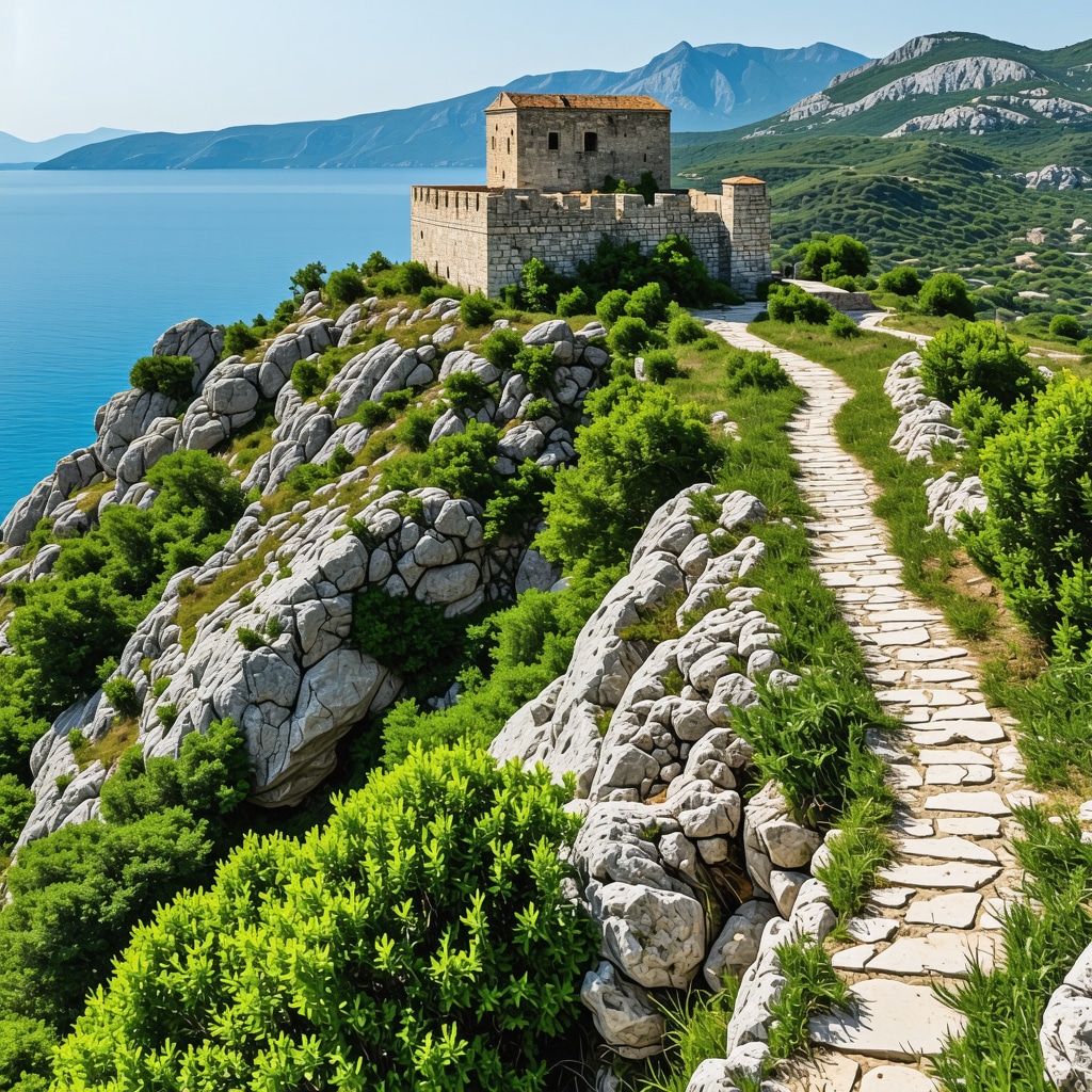 Nehaj Fortress on rocky hill with Adriatic Sea and Velebit hiking trails in background