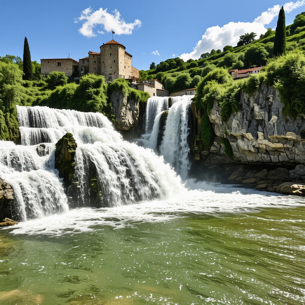 Pliva waterfalls cascading into Jajce town with fortress in background under clear sky