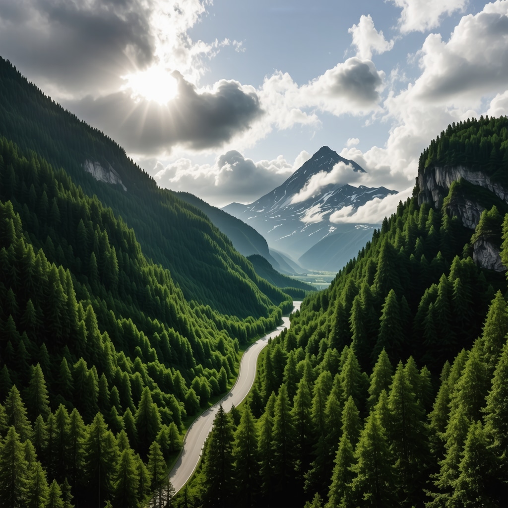 Transfăgărășan road winding through Carpathian Mountains with forested slopes and dramatic sky