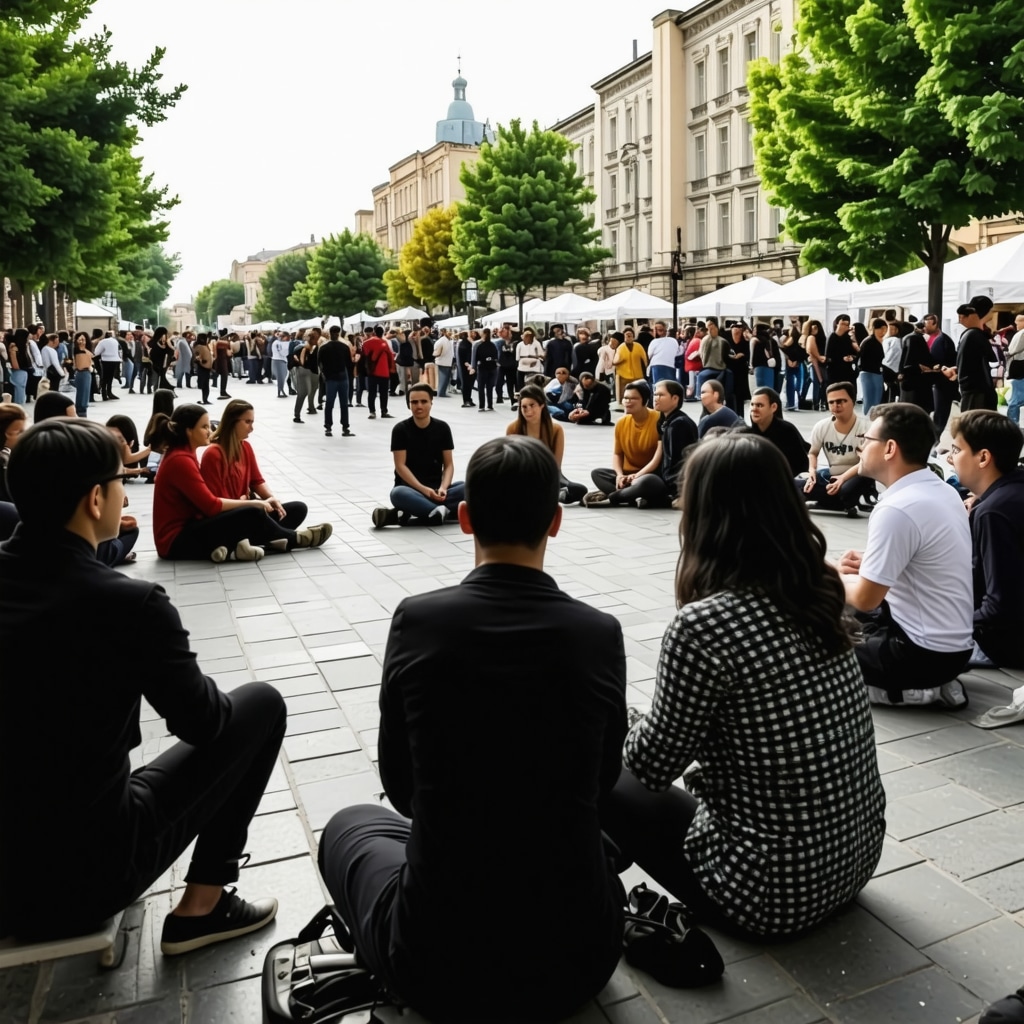 Diverse ethnic groups in Skopje engaging in a digital urban planning workshop outdoors