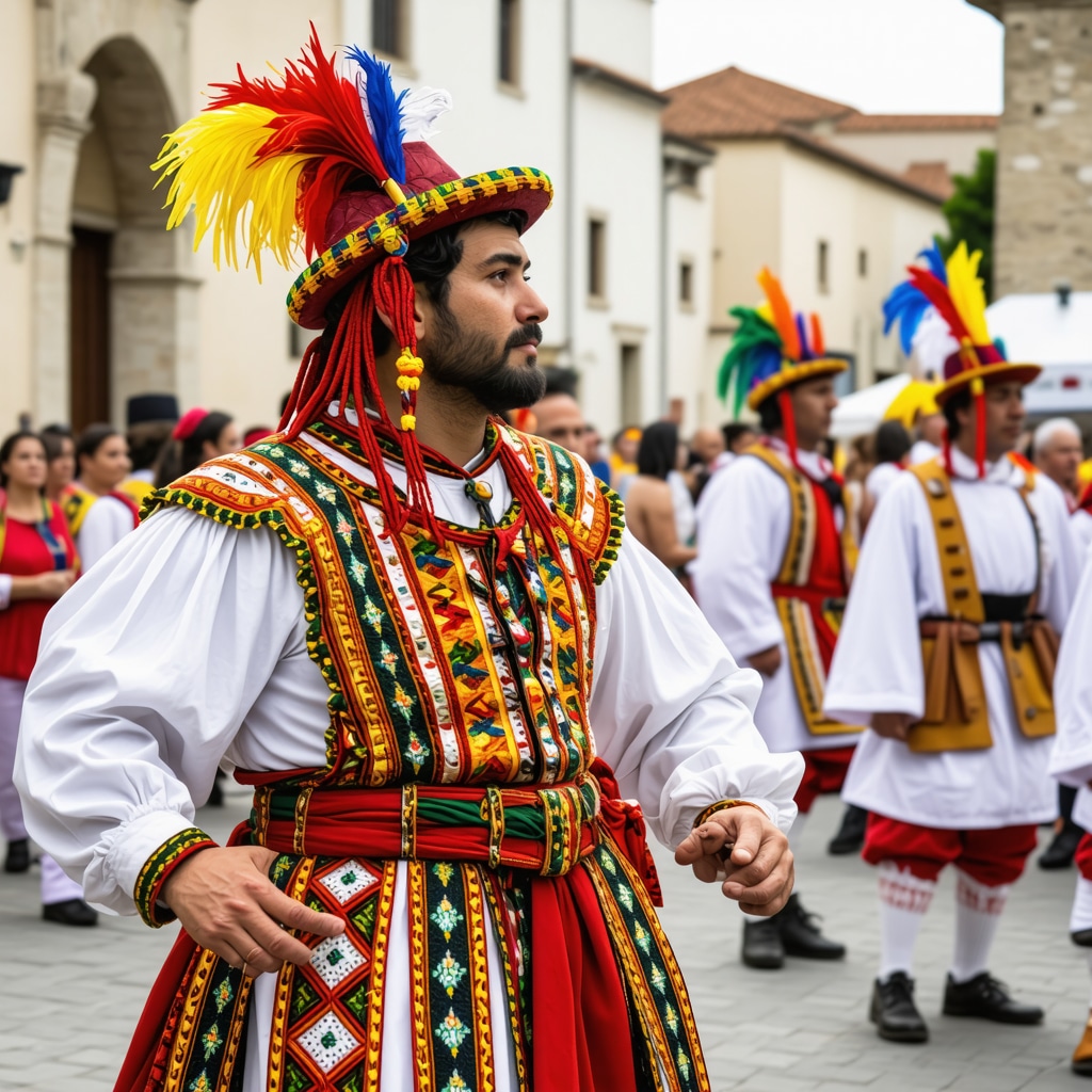 Outdoor arts festival in Plovdiv with performers and local community in traditional attire