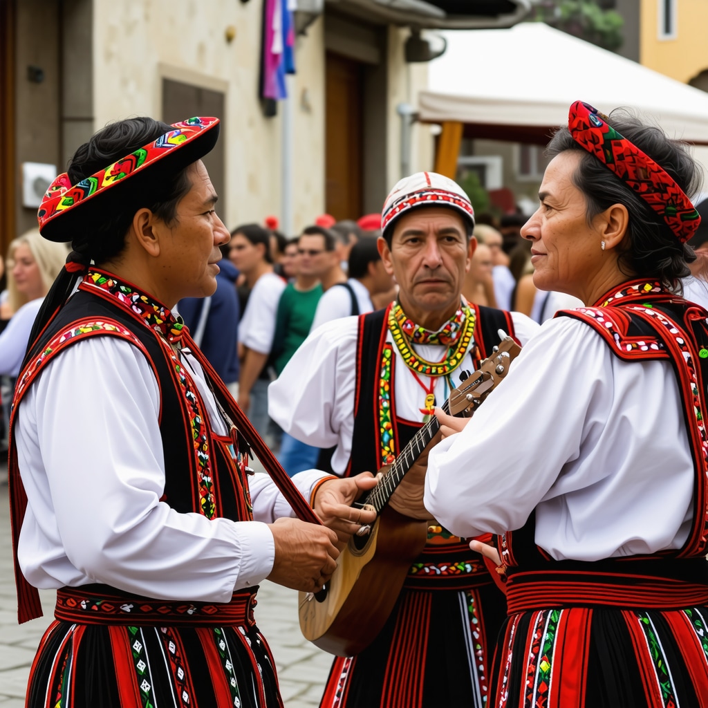 Musicians performing traditional Balkan music at Prizren 2024 festival with diverse audience and colorful decorations