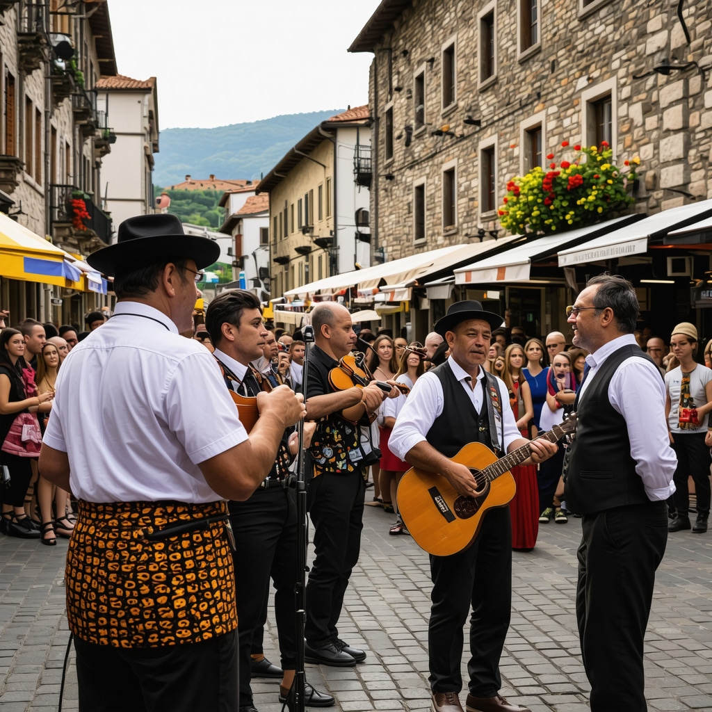 Ethnic musicians performing at Prizren 2024 festival with diverse audience in historic street setting