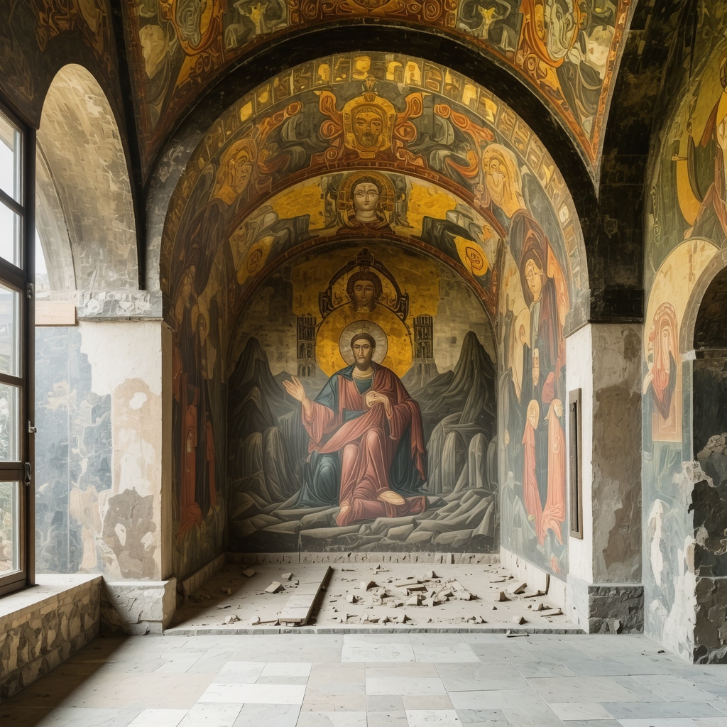 Close-up of laser restoration on frescoes at Rilski Monastery with Rila mountains in background
