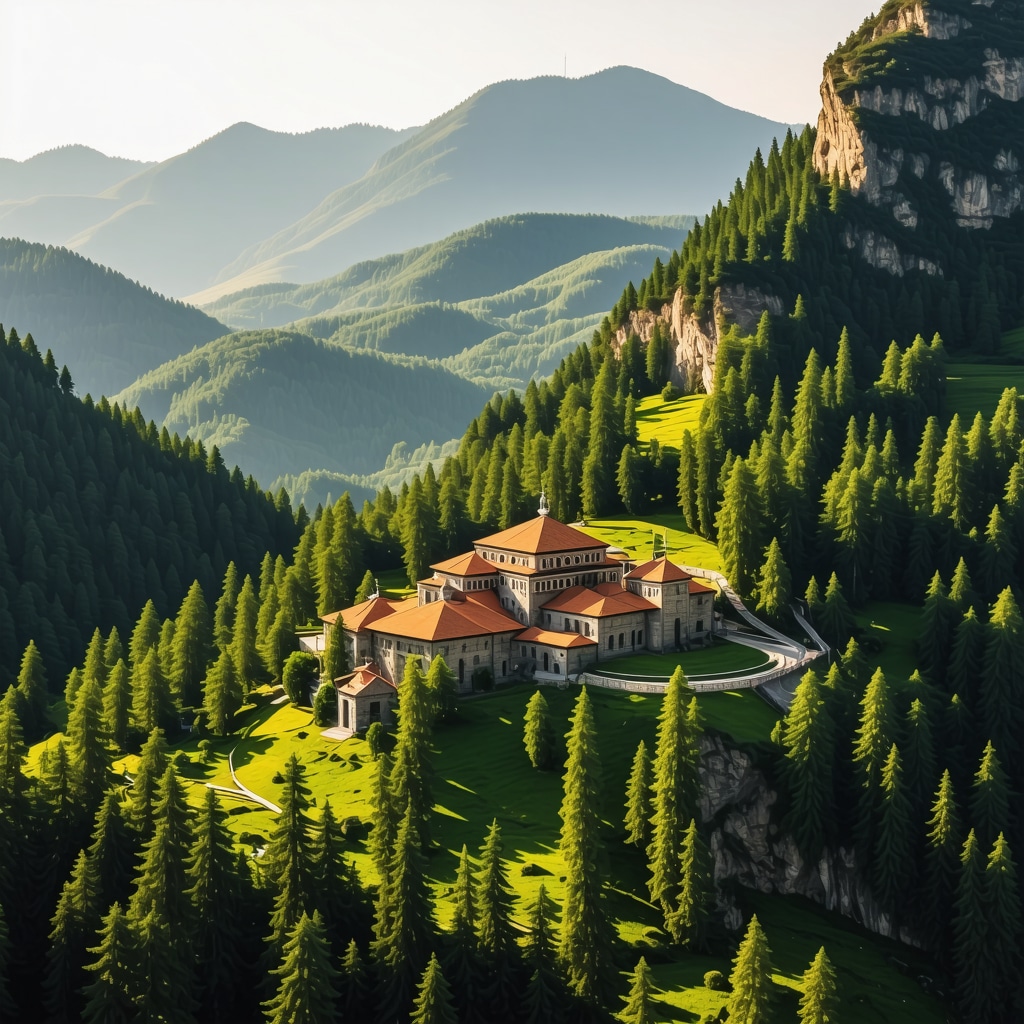 Aerial view of Rila Monastery surrounded by green mountains in dawn light, illustrating spiritual harmony