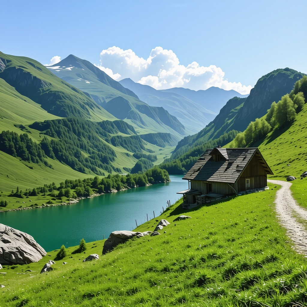 Transfăgărășan road winding through green mountains with a mountain hut by a blue lake