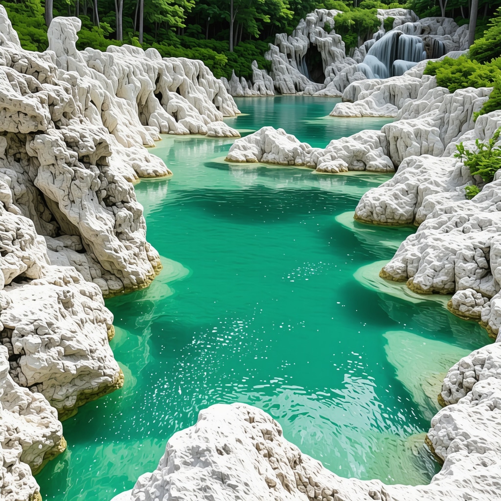 Illustration of smart tourism technology and travertine formations in Plitvice Lakes National Park