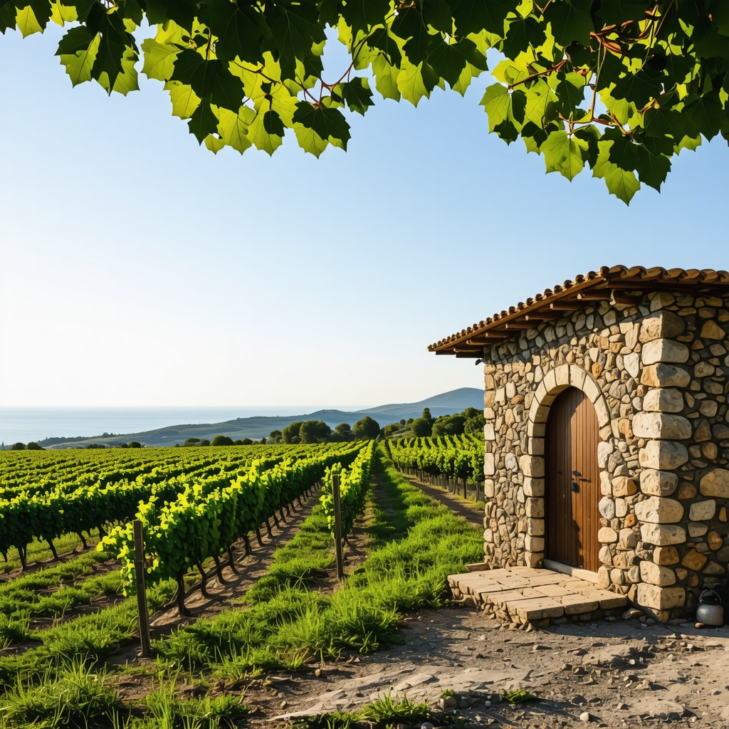 Vineyard with grapevines and traditional stone wine cellar in Halkidiki overlooking the Aegean Sea