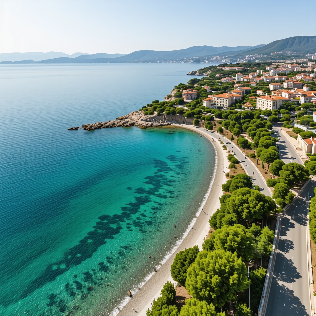 Aerial image of Split coastline with green spaces, cycling paths, and smart monitoring stations illustrating sustainable tourism