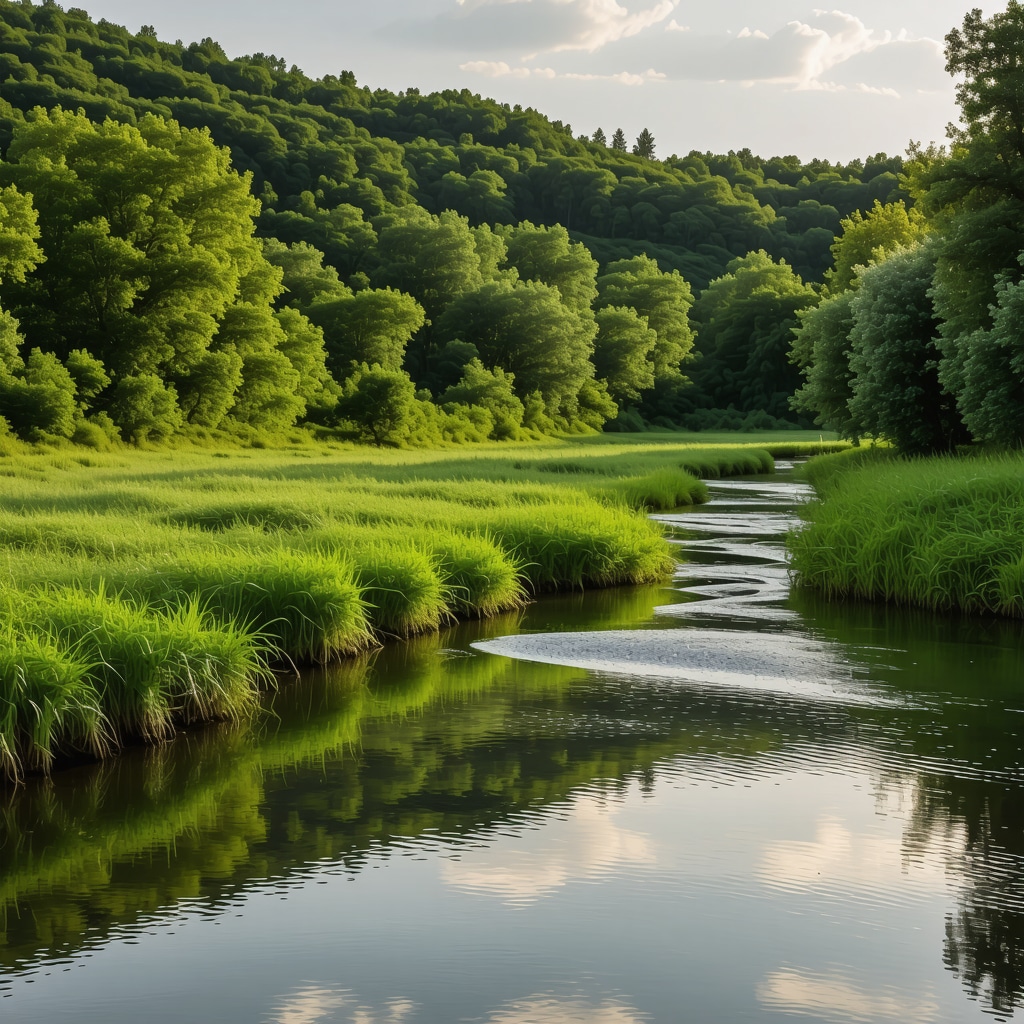Artificial wetland filtration system along Krka River surrounded by green forest, illustrating sustainable water management