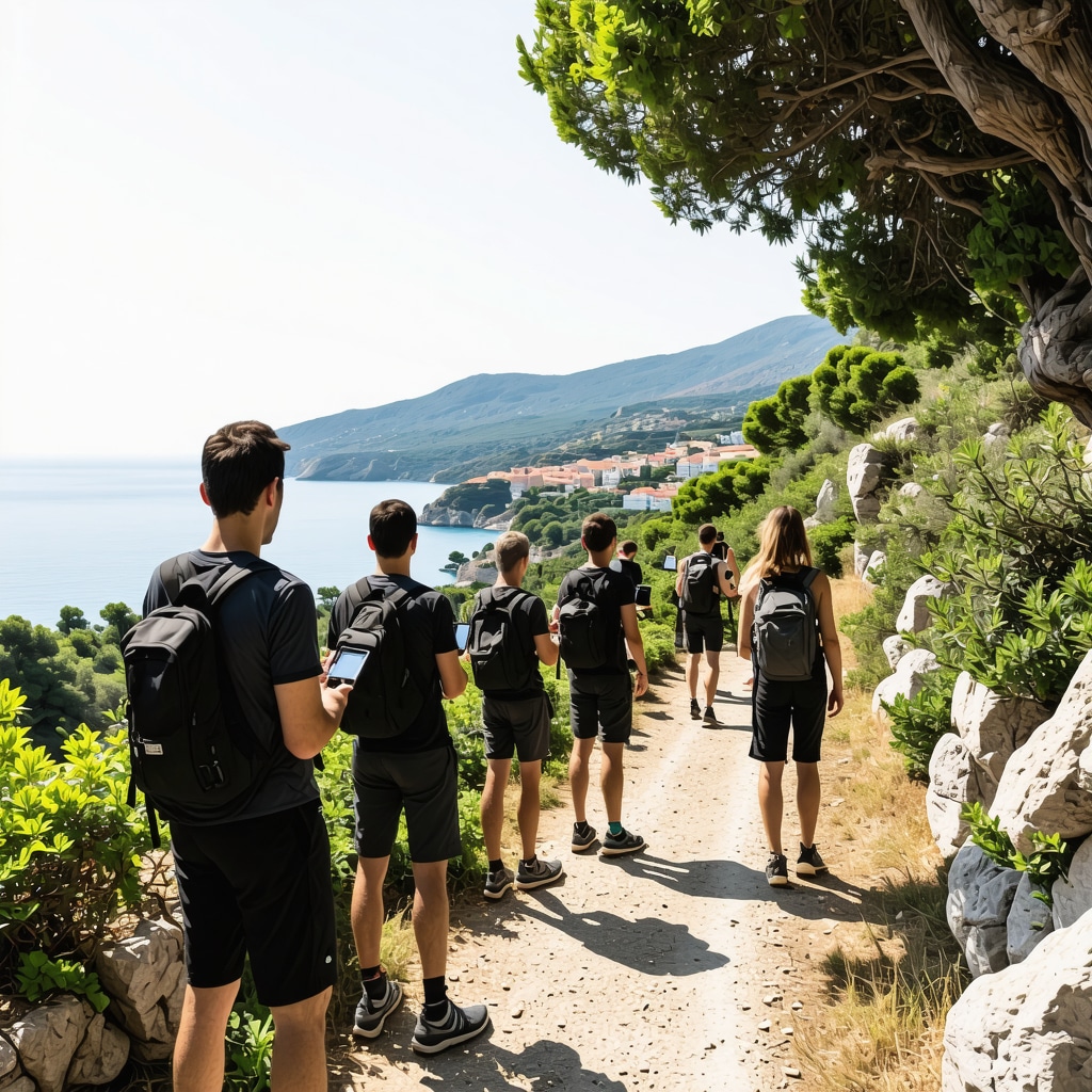 Hikers using digital devices on a sustainable trail near Dubrovnik with Mediterranean nature and historical sites