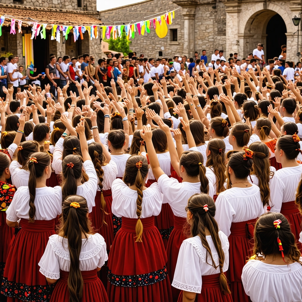 Colorful festival in Tetovo featuring traditional clothing and diverse participants celebrating outdoors