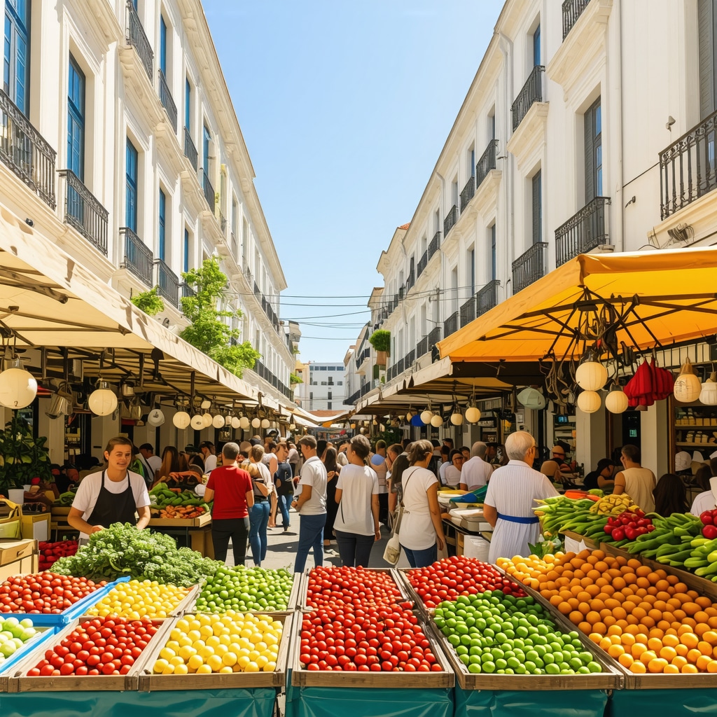 Vibrant street market in Thessaloniki with fresh Mediterranean food and colorful stalls