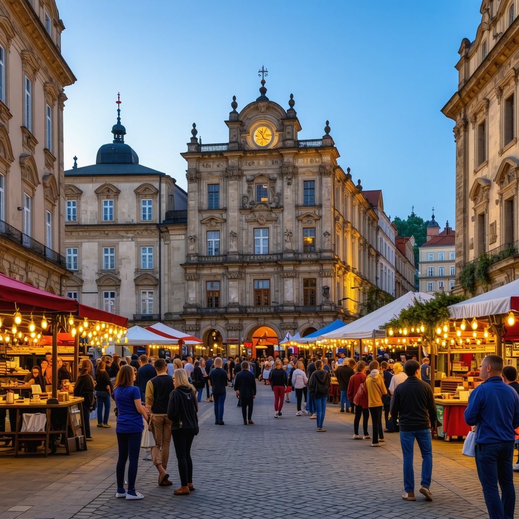 Street in Timisoara illuminated with festival lights, historic buildings, and people enjoying cultural events and food