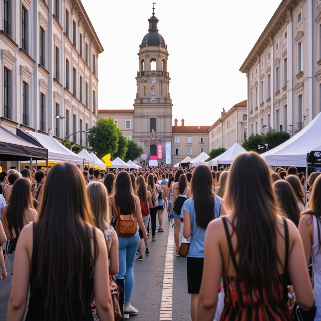Timisoara street festival during dusk with lights and cultural art installations