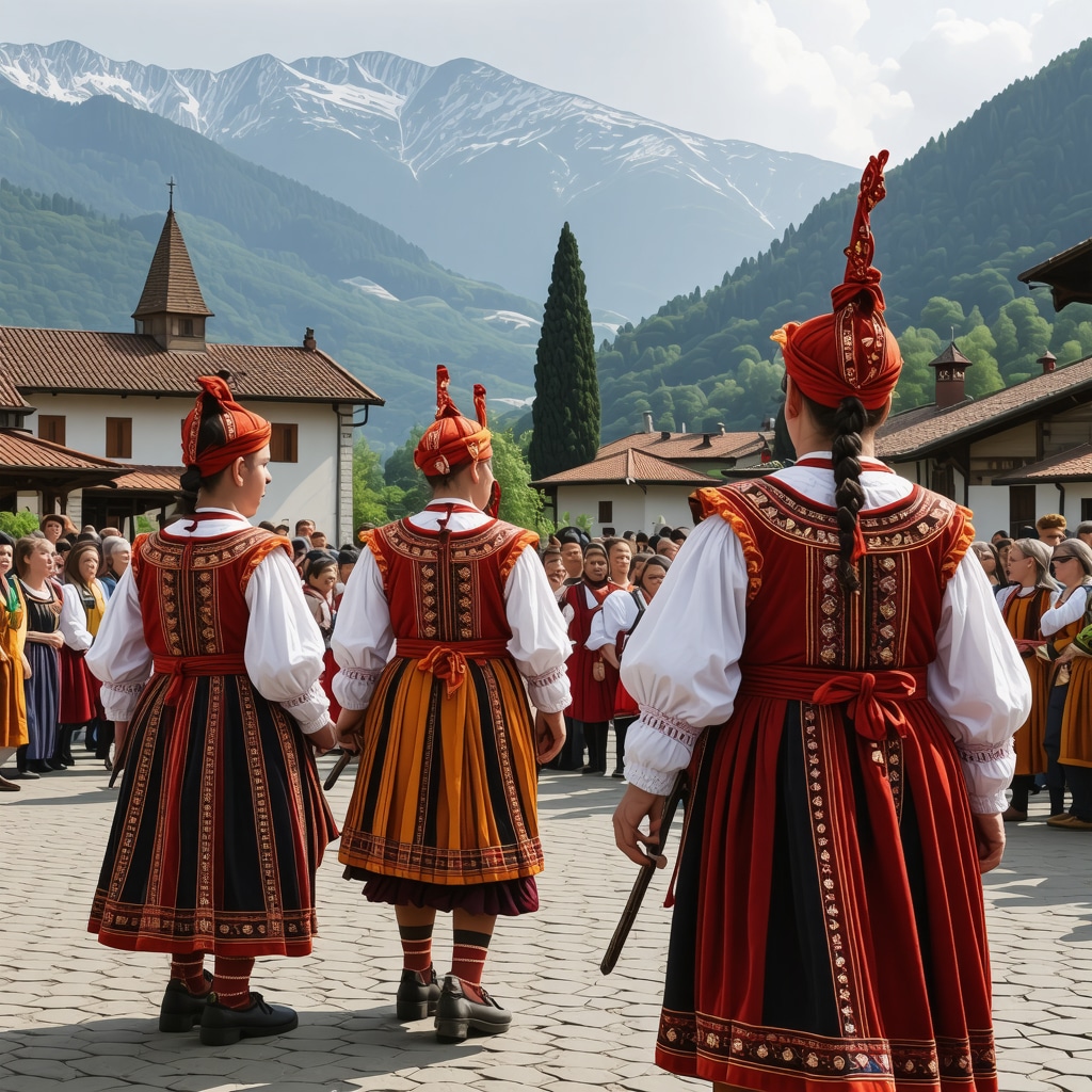 Locals in traditional Balkan costumes celebrating a festival in Sjenica with mountains and historic buildings in the background