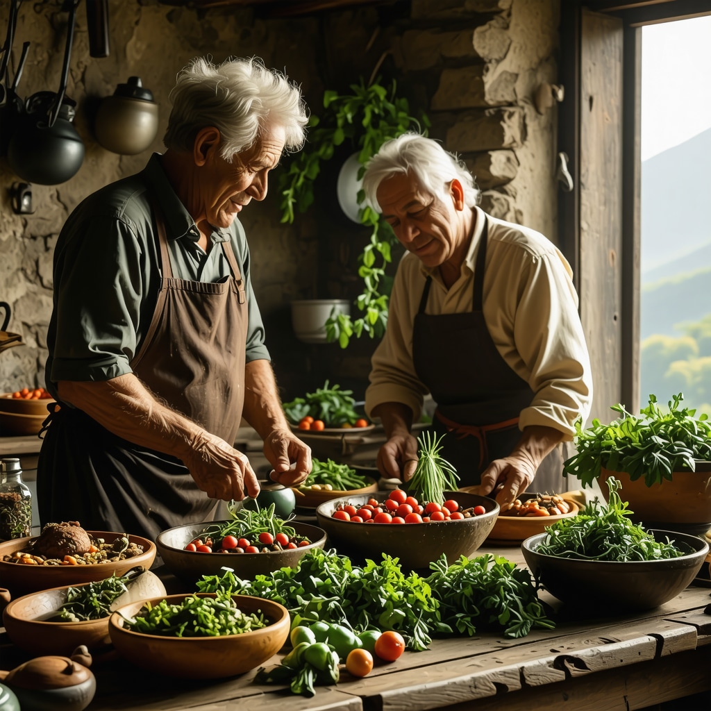 Locals preparing traditional dishes in a cozy Bosnian kitchen with fresh herbs and rustic decor