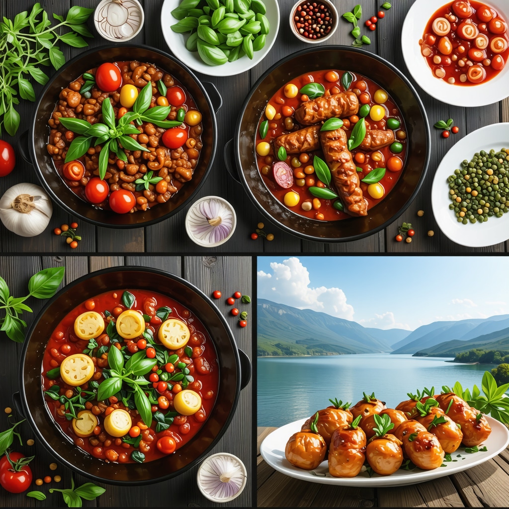 Collage of Čapljina traditional dishes and local ingredients with river and Mediterranean landscape background