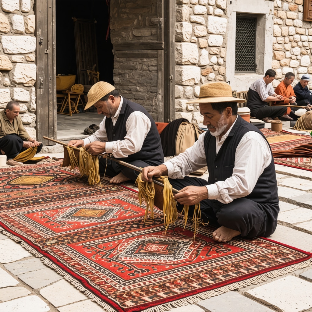 Artisans crafting handmade rugs and leather goods in Novi Pazar with Ottoman architecture backdrop