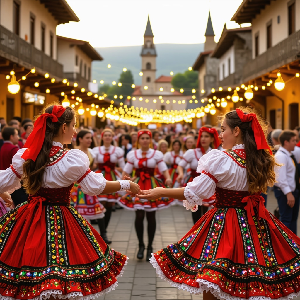 Dancers in colorful folkloric costumes performing at a lively festival in Kumanovo with crowd and historic buildings