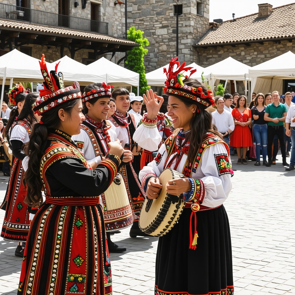 Locals in traditional Kumanovo folk costumes dancing at a festival with musical instruments and engaged visitors in historic town square.