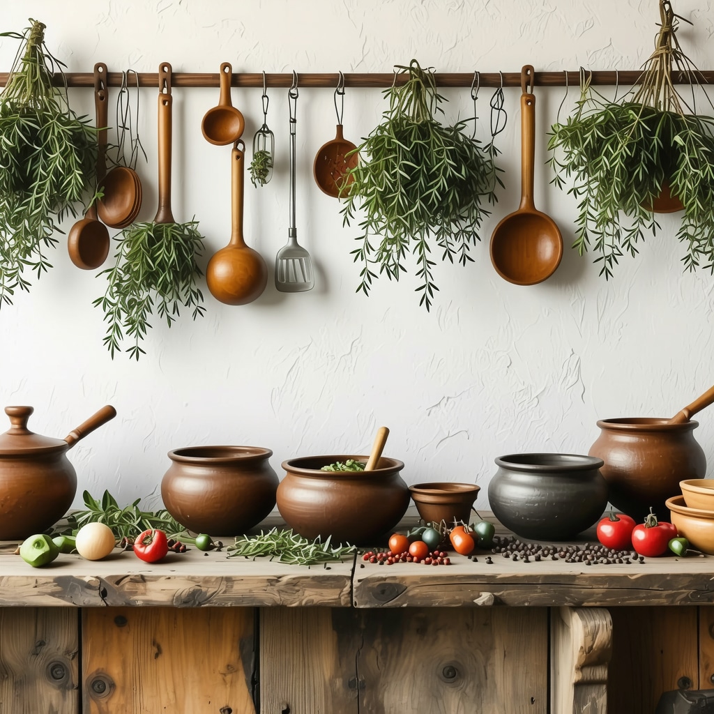 Traditional Bosnian kitchen with modern and old culinary tools, herbs, and spices illustrating fusion of heritage and innovation