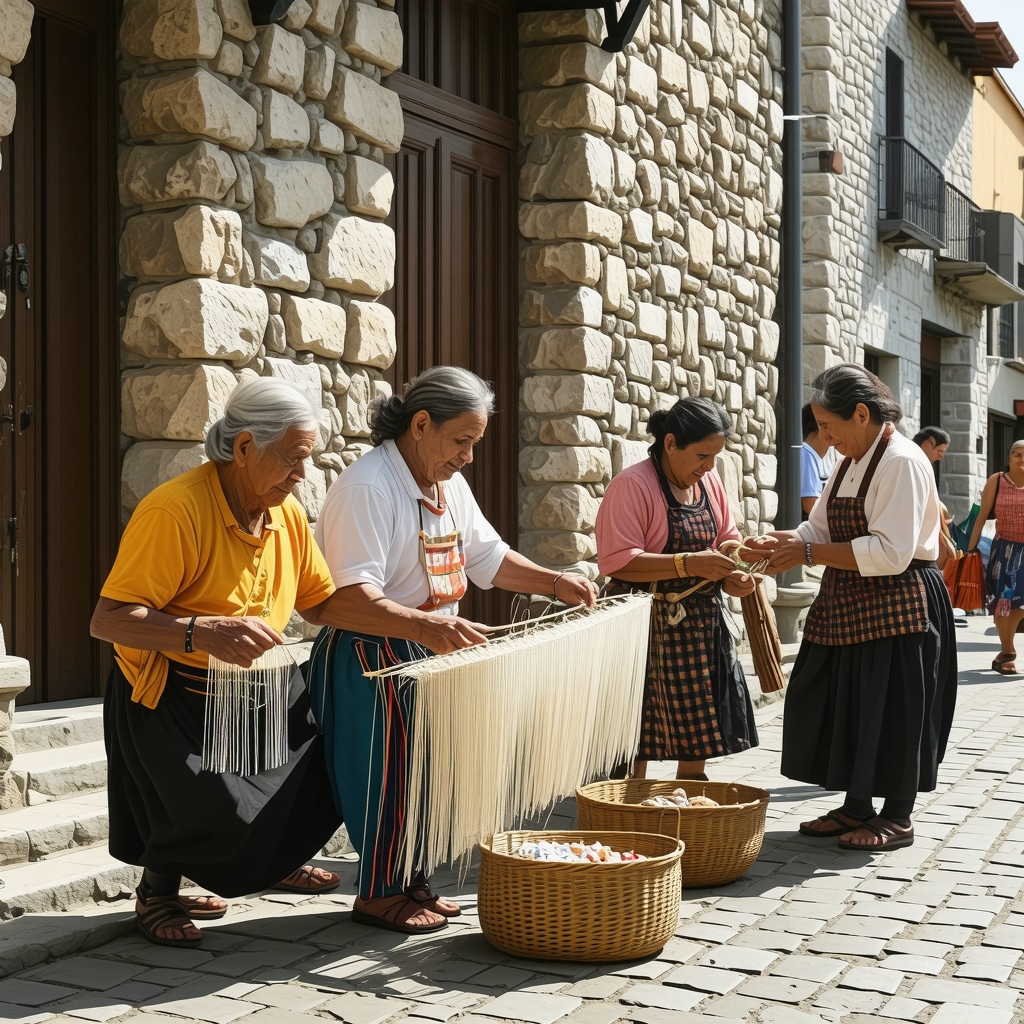 Local artisans demonstrating weaving and cooking in Gjirokastër's historic stone street