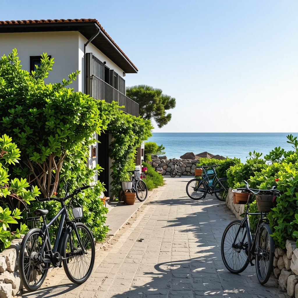 Prikaz trajnostnega turizma v Draču z ekološkimi nastanitvami, električnimi kolesi in lokalnimi delavnicami na obali Jadranskega morja