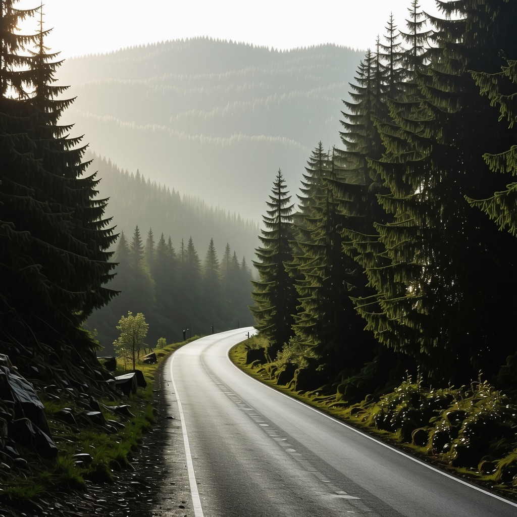 Winding mountain road Transfăgărășan surrounded by Carpathian forest with mist and sunlight filtering through