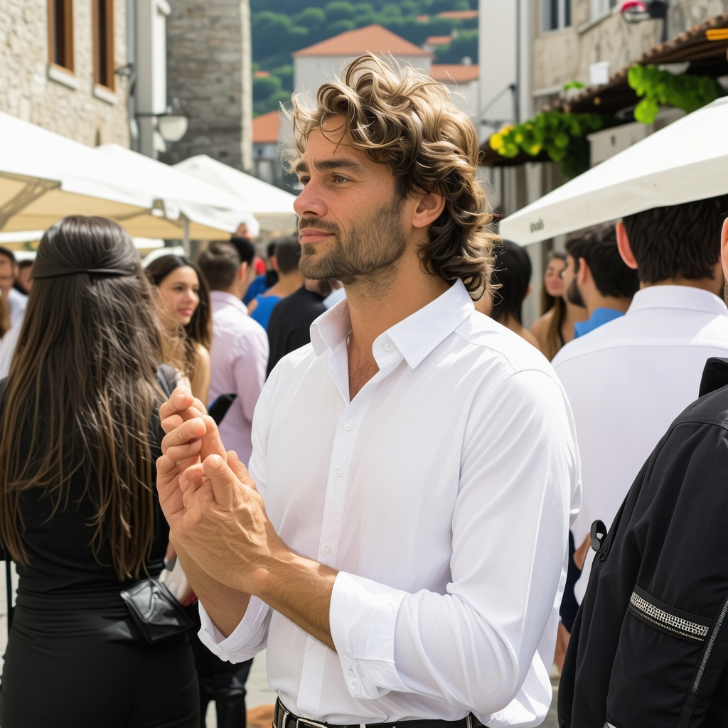 Traveler interacting with local guides in Mostar amidst vibrant city streets