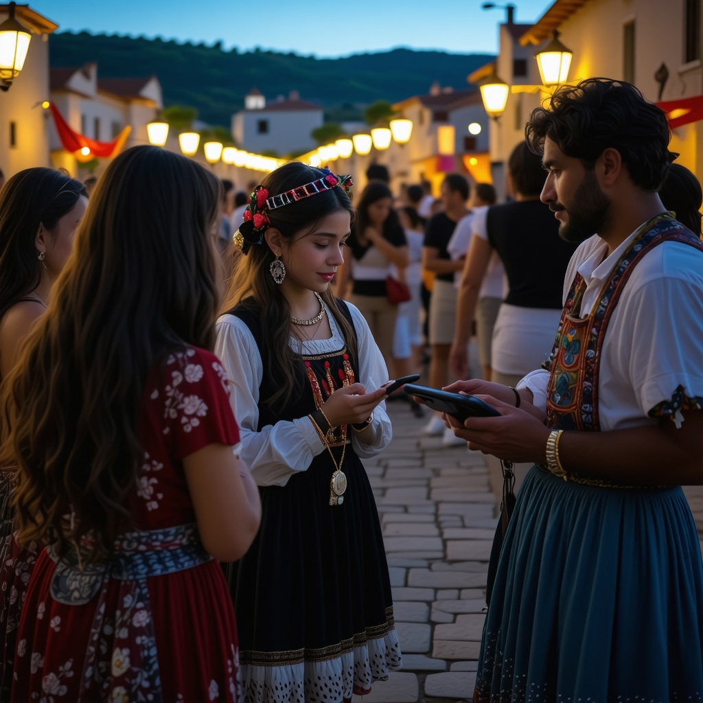 Families at Trogir festival engaging with digital and traditional cultural exhibits at night by the Adriatic sea