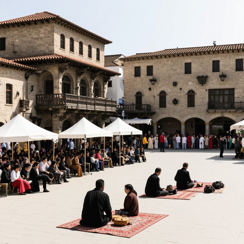 Novi Pazar urban space showing mix of traditional and modern architecture with community cultural activities