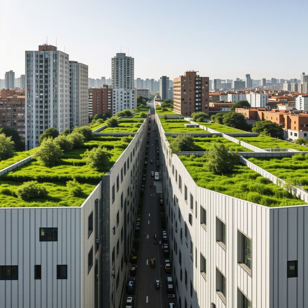 Modern Bucharest urban complex with green roofs, photocatayltic facades and IoT technology