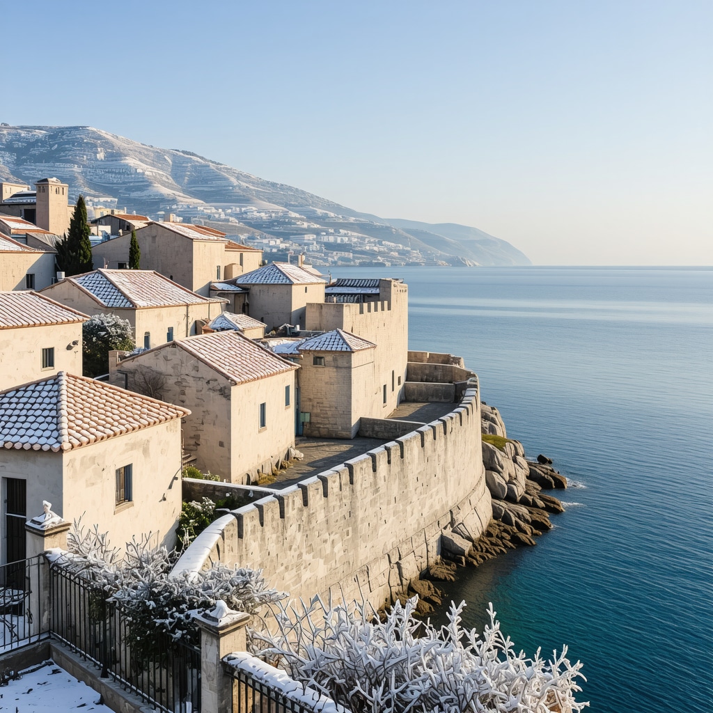 Dubrovnik old town walls with snow-dusted rooftops and Adriatic sea in winter