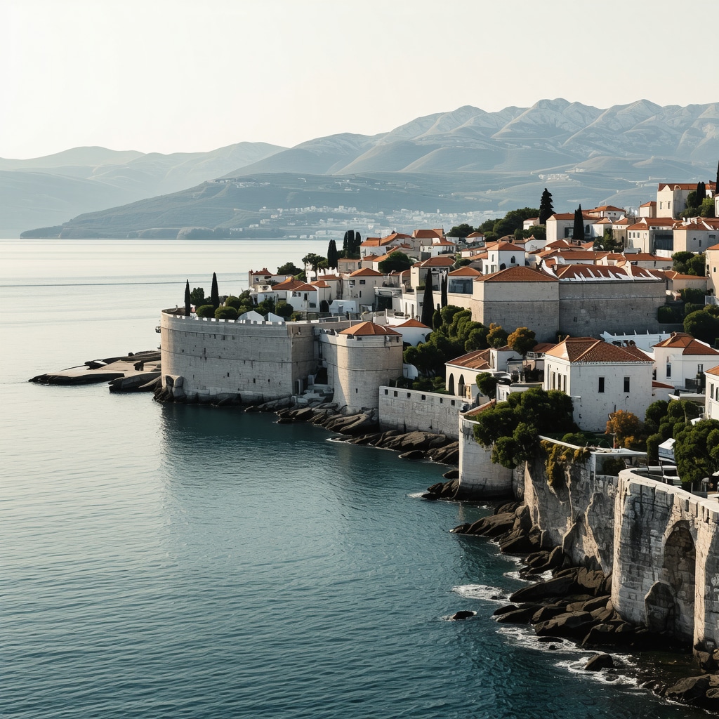 Dubrovnik old town and city walls in winter with calm sea and soft morning light