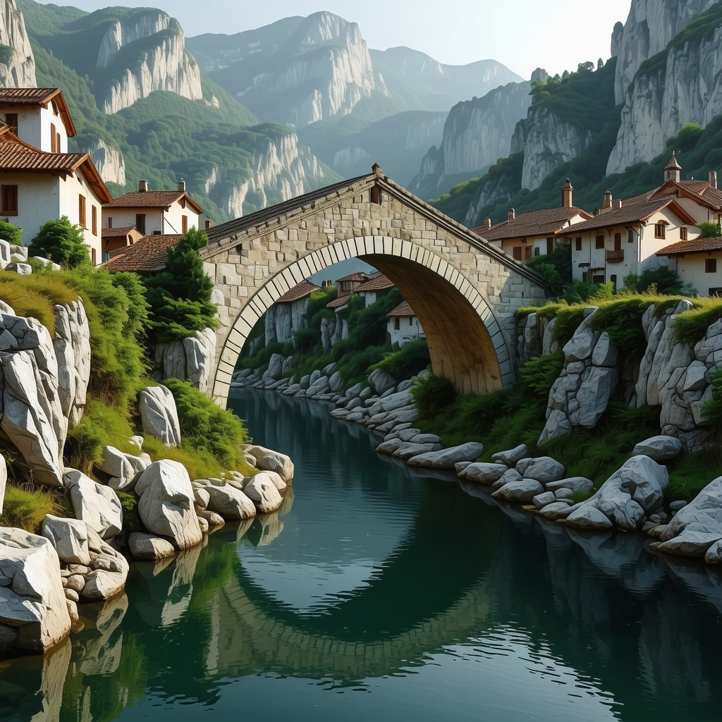 3D digital representation of Konjic Old Bridge with mountain background