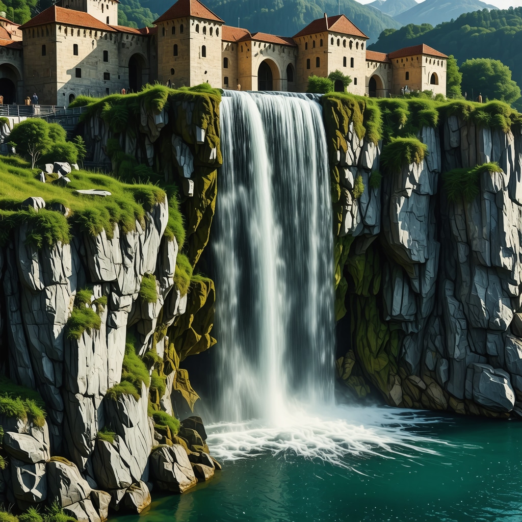 3D model showing Jajce fortress and waterfall with digital interactive elements