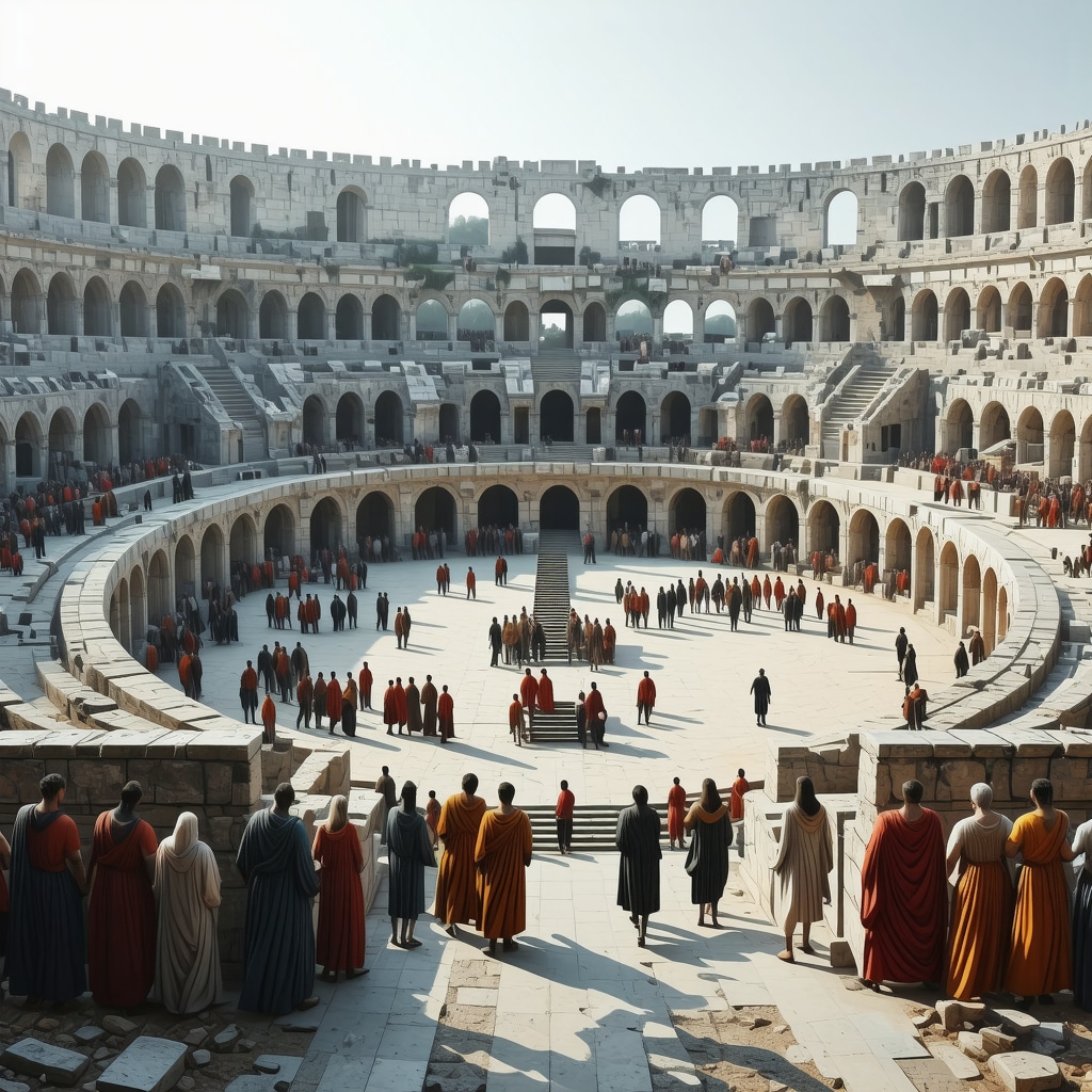 3D rendering of the Roman Amphitheatre in Pula with virtual visitors and detailed architecture