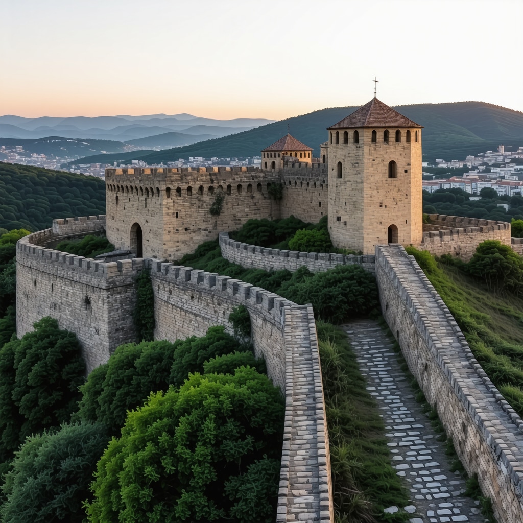 3D architectural visualization of Tsarevets Fortress with digital overlays illustrating construction details and historical context