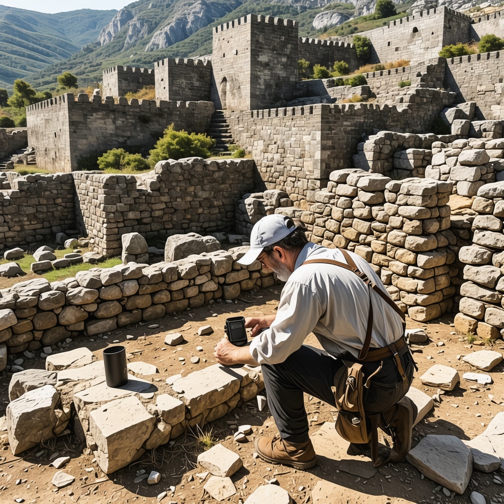 Archaeologist scanning Daorson fortress ruins with 3D technology and digital reconstruction overlays