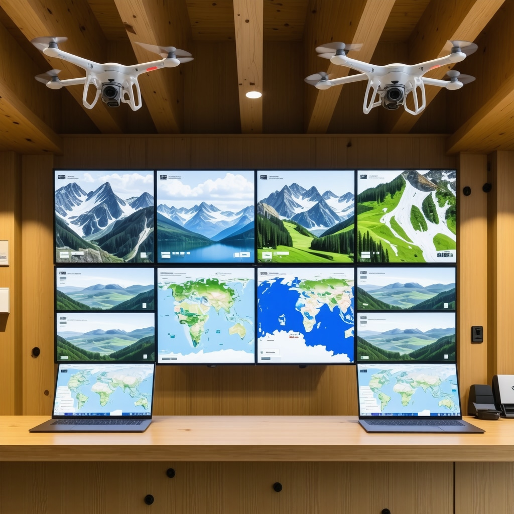 Ecological monitoring station with drones and GIS data screens in Bohinj alpine region