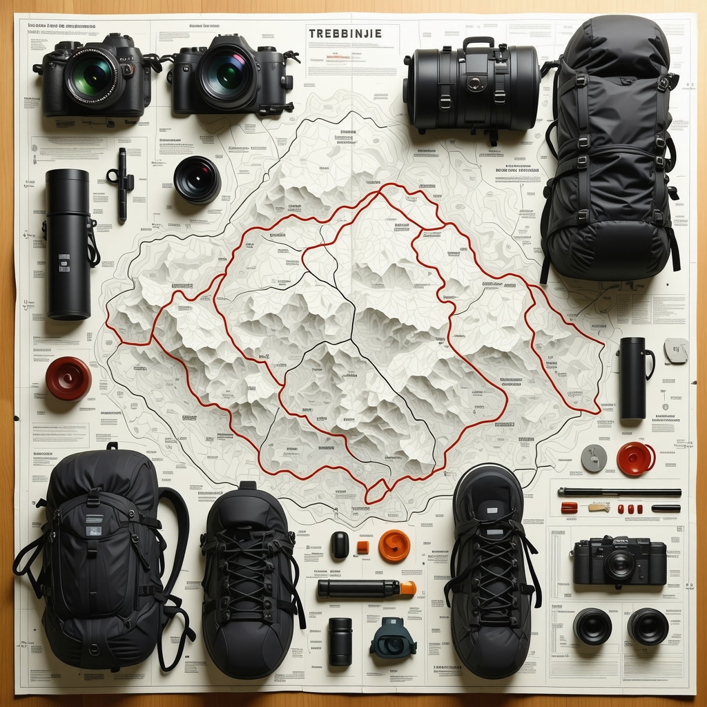 Map and advanced hiking and caving gear prepared for exploring natural parks in Trebinje