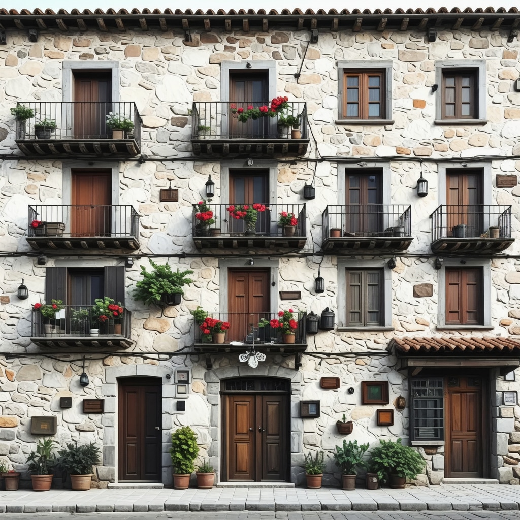 Traditional stone and wood architecture of Korçë enhanced with nanotechnology and digital community engagement visuals