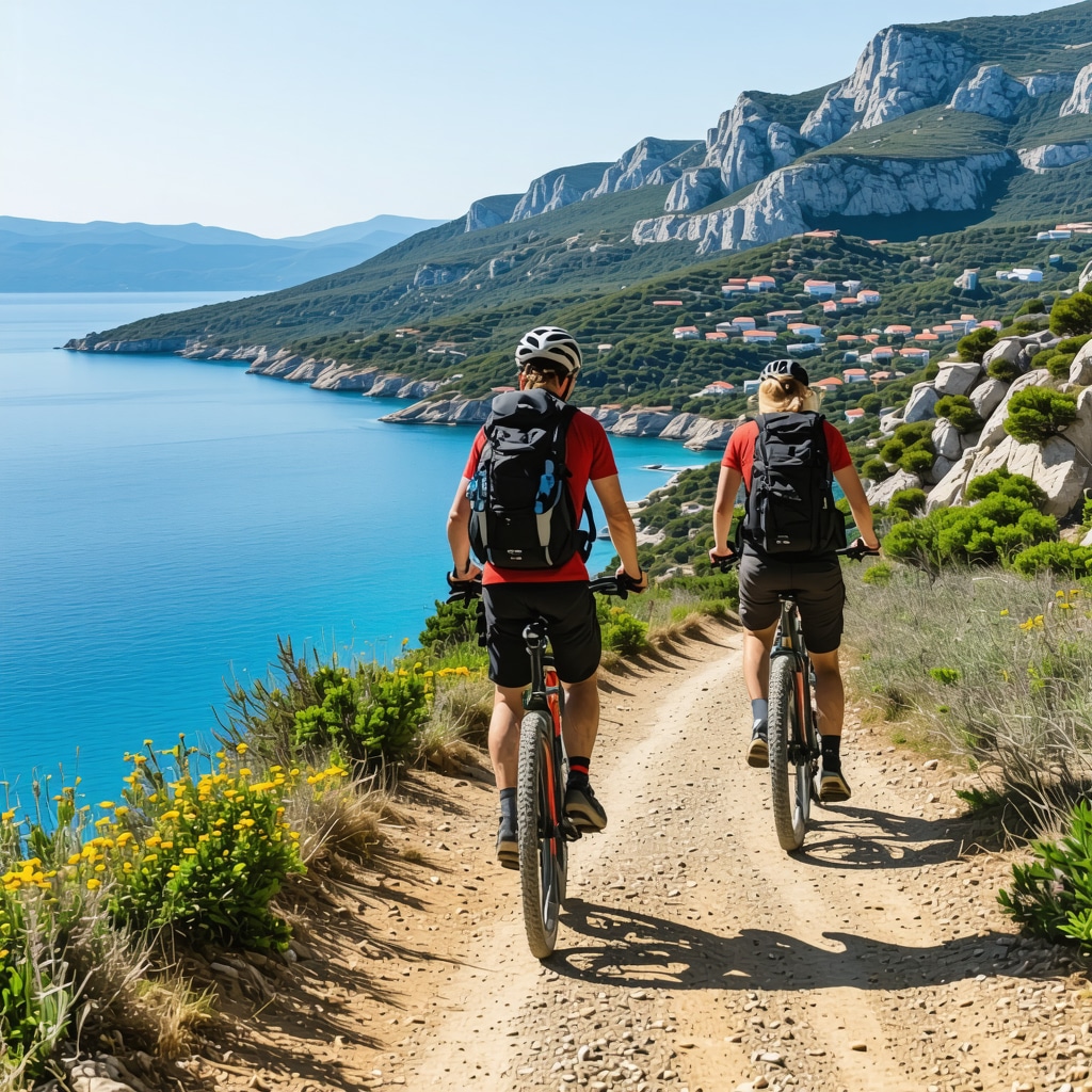 Advanced adventurers hiking and biking on Brač island with panoramic coastal views