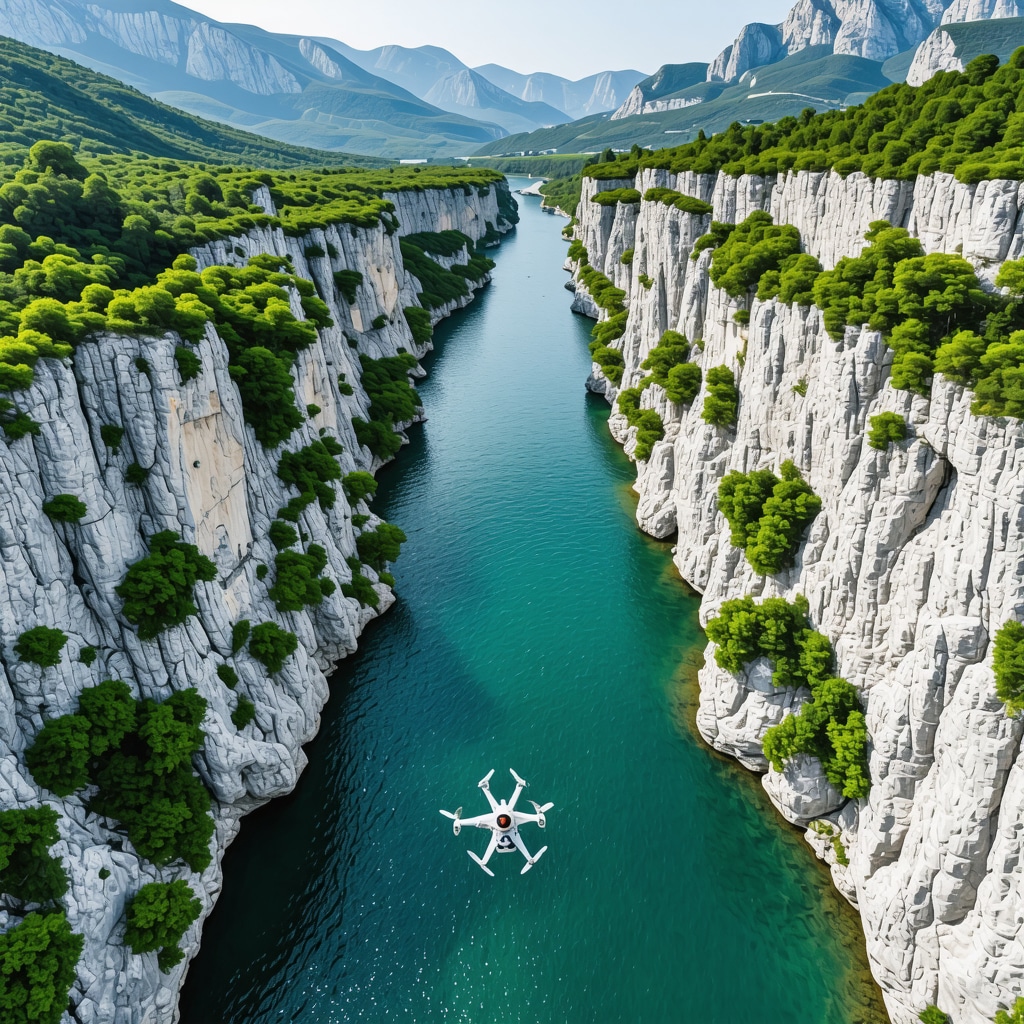 Aerial view of Cetina River canyon with drones and sensors for environmental and safety monitoring